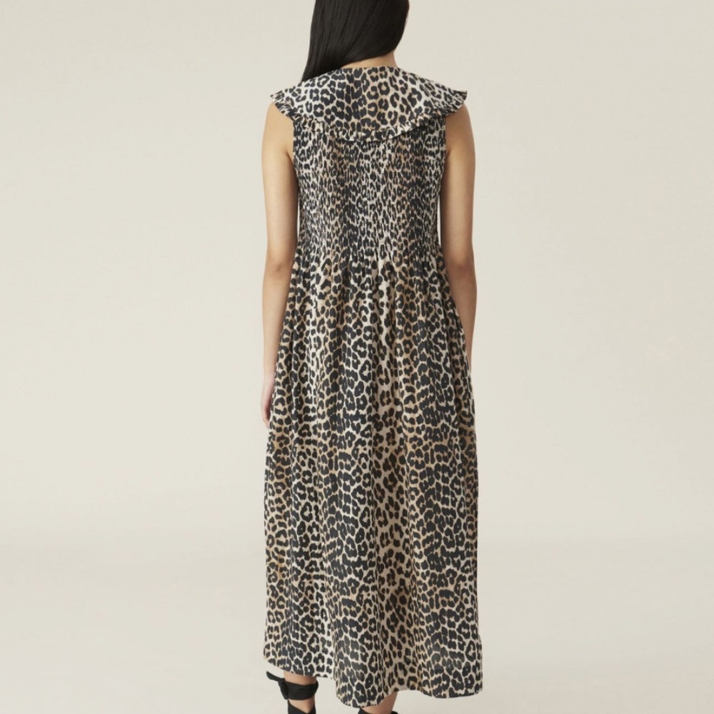 Ganni Leopard shirred collared Maxi Dress in Beige, Black, Brown silk cotton - Picture 2 of 5